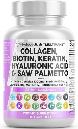 [B0B3GBJJGW] Pastillas de colágeno de 1000 mg de biotina, 10000 mcg, queratina Saw Palmetto 2500 mg de ácido hialurónico, vitaminas para el cabello, la piel y las uñas, bloqueador de DHT con vitamina E, ácido