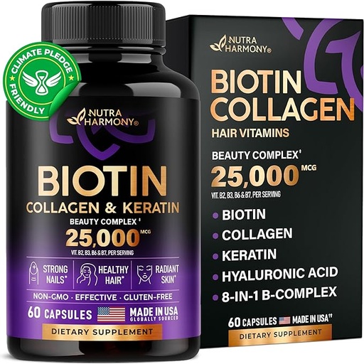 [B09RKDGYJD] Vitaminas de biotina con colágeno y queratina, suplemento para el crecimiento del cabello para mujeres y hombres, 25000 pastillas de mcg, fabricadas en Estados Unidos, complejo B1, B2, B3, B6, B7, uñas y piel saludables, como líquido, gotas, aceite, 60 cápsulas