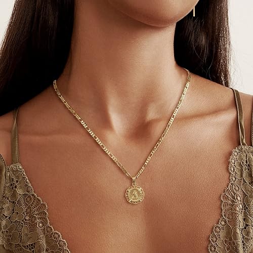 [B0D3PF4SYZ] KissYan Initial Necklace For Women Girl,14K Gold Plated Round Letter Pendant Necklace Capital Monogram Necklace Alphabets from A-Z Figaro Chain Necklace