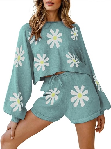 [B0C616SB26] Ekouaer Conjunto de pijama de punto para mujer, conjunto de ropa de descanso de manga larga, conjunto de sudadera a juego de 2 piezas, conjuntos de suéter casual S-XXL, B-floral azul pavo real