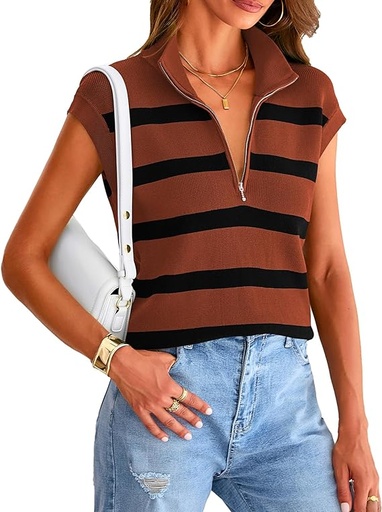 [B0D31VCCQN] Pretty Garden Womens 2024 Summer Casual 1/2 Zip Cap Sleeve V Neck Striped Knit Tops