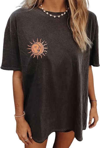 [B089YRSVWQ] Remidoo - Camiseta de manga corta y cuello redondo para mujer, con teñido anudado y estampado del sol y la luna, estilo informal, divertido, camiseta bonita para chicas adolescentes