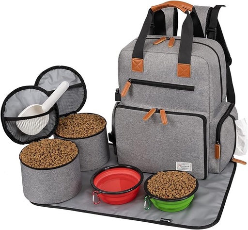 [B0BTP9BNL2] Modoker Bolsa de viaje para perros, mochila aprobada por aerolíneas para organizador de accesorios para mascotas, bolsa de fin de semana con 2 contenedores de almacenamiento de alimentos para perros,