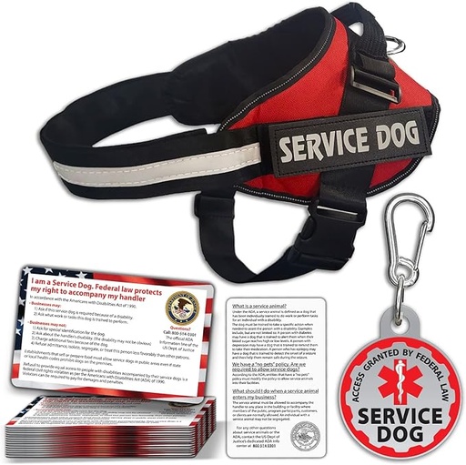 [B0BRQSYWFN] Chaleco para perro de servicio + etiqueta de identificación + 50 tarjetas de información ADA. Arnés para perro de servicio en tamaños X S a XX Grande, la placa de metal para perro tiene clip duradero, las tarjetas de información de animales de servicio son de 2 caras. Juego de accesorios ESA