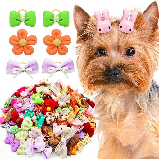 [B0CT5MSL45] Mruq pet 20 lazos para el pelo de perro pequeño con bandas de goma, lazos para el pelo de cachorro a granel, mezcla de lazos hechos a mano con lindos lazos de bola de flores para el día festivo