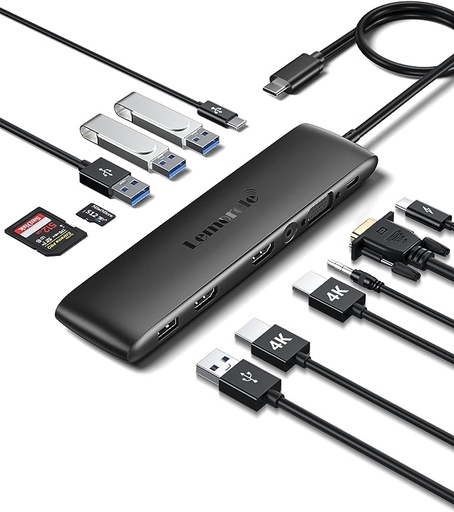[B0C9WRHHVN] Lemorele Estación de acoplamiento de doble monitor USB C para portátil Dell/HP/Lenovo/Surface, adaptador de concentrador USB C de pantalla triple 12 en 1 con 2 HDMI 4K+VGA+10Gbps 2 USB3.2+2
