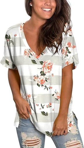 [B07SYZYQL7] SAMPEEL - Camisetas casuales de verano con cuello en V para mujer, de manga corta, con abertura lateral, ajuste holgado