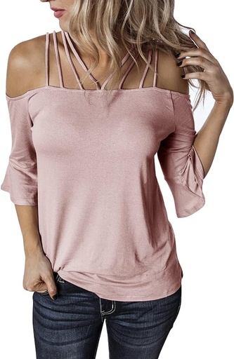 [B07L4P82JD] Hilltichu - Blusas para mujer de manga tres cuartos con hombros descubiertos y tirantes de espagueti