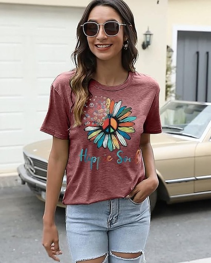[B07WVBV5H3] BLANCHES Camisetas de verano para mujer, estilo vintage, con estampado hippy soul, cuello redondo, manga corta, estilo casual