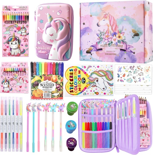 [ASIN	B0BZHXBWX6] Fruit Scented Markers Set,56 Pcs Art Supplies for Kids Unicorns Gifts for Girls, Markers Set with Unicorn Pencil Case Art Supplies for Kids Art and Craft Coloring (Purple)